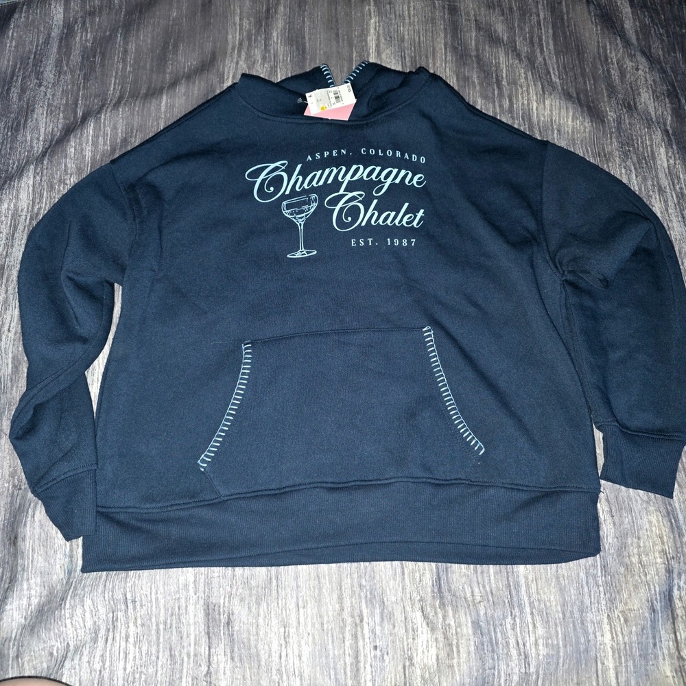 Mighty Fine Aspen Colorado‎ Champagne Chalet Hoodie Navy Blue XS NEW
